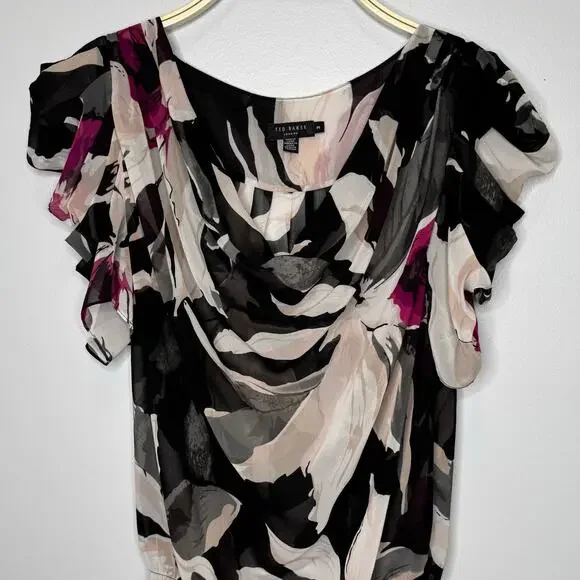 Ted Baker Blouse Size 8 Floral Chiffon Pullover Ruffle Sleeves Cowl Neck Top - Picture 3 of 10